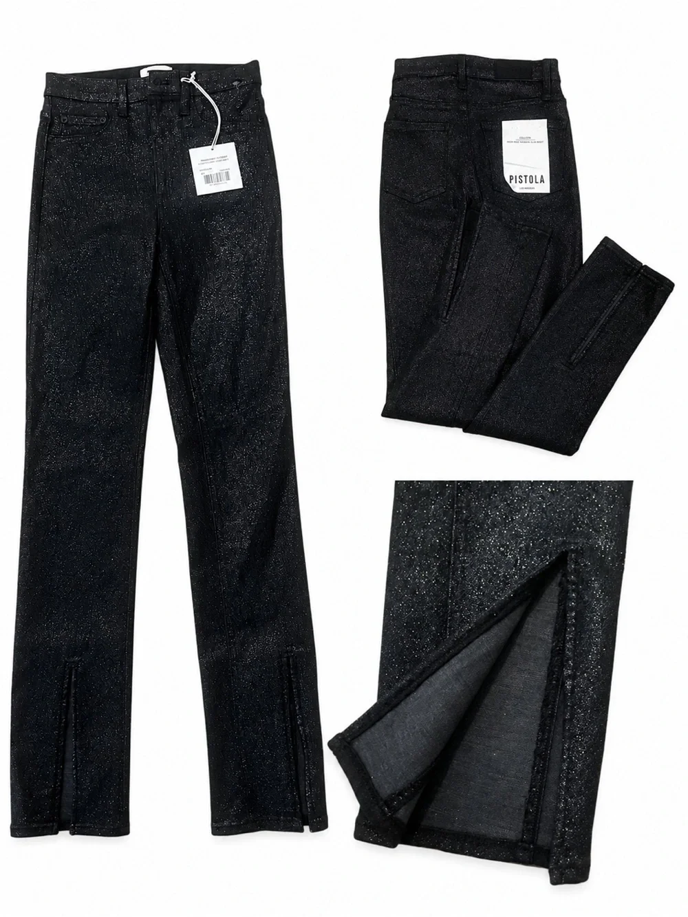 NWT Pistola Colleen High Rise Slim Boot Jean 26 Stargaze Black Glitter Split Hem